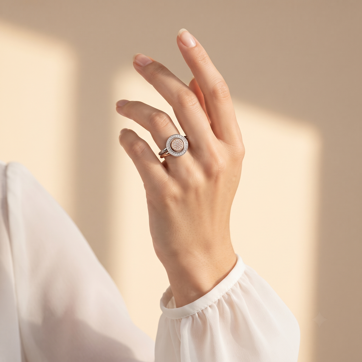 Silvme Circle Solitaire with cubic zirconia 925 sterling silver circle ring for women, two-tone rose gold and silver, rose gold silver ring, oval halo ring, stacking styling view
