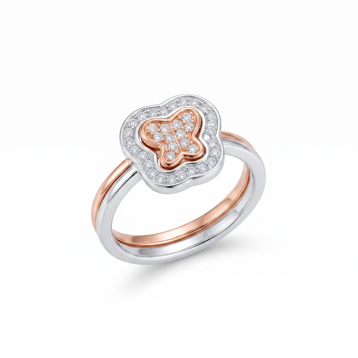 Silvme Cushion Halo with cubic zirconia 925 sterling silver halo ring for women, two-tone rose gold and silver, heart shape ring for women, open heart ring, stacking styling view