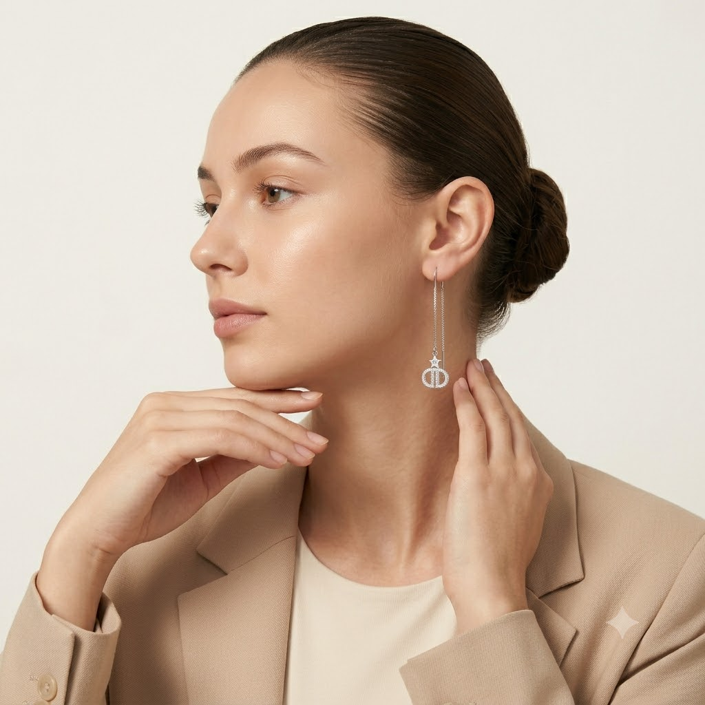 Geometric Monogram Threader Earrings, close-up detail, view 5