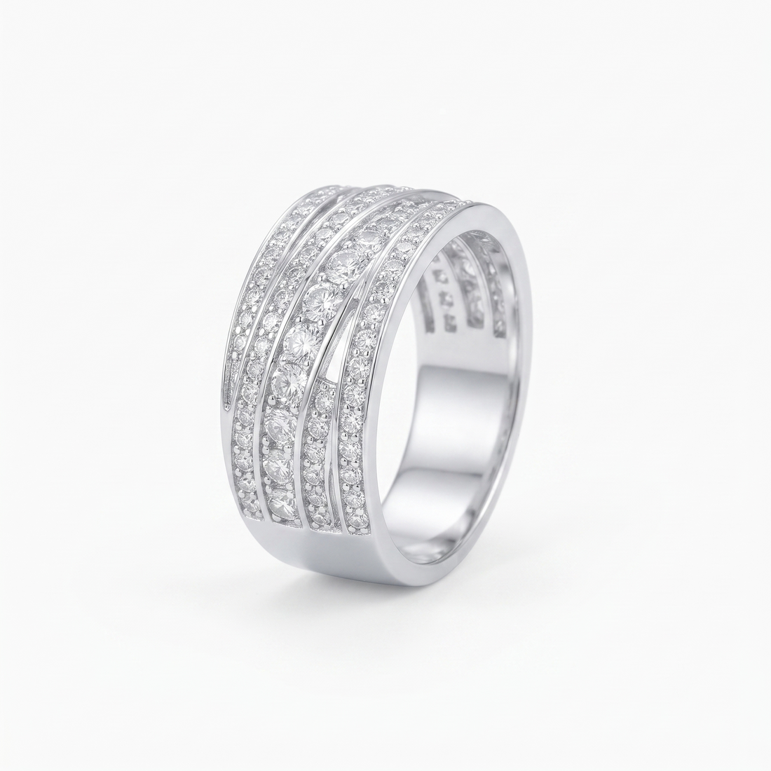 Silvme four row CZ pave band 925 sterling silver ring for women with four rows of cubic zirconia across a wide band