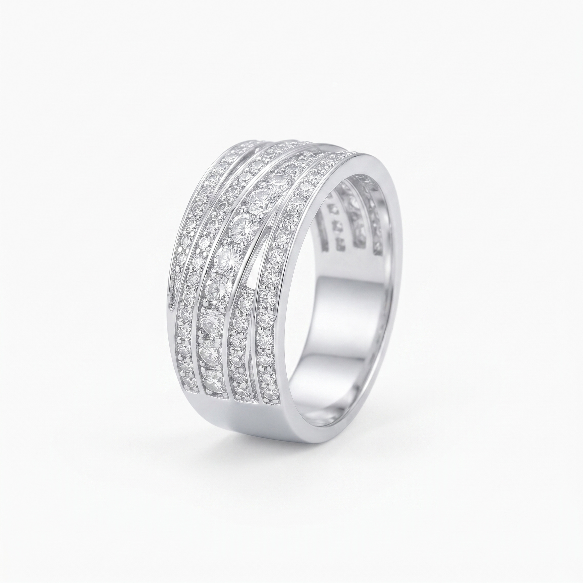 Silvme four row CZ pave band 925 sterling silver ring for women with four rows of cubic zirconia across a wide band