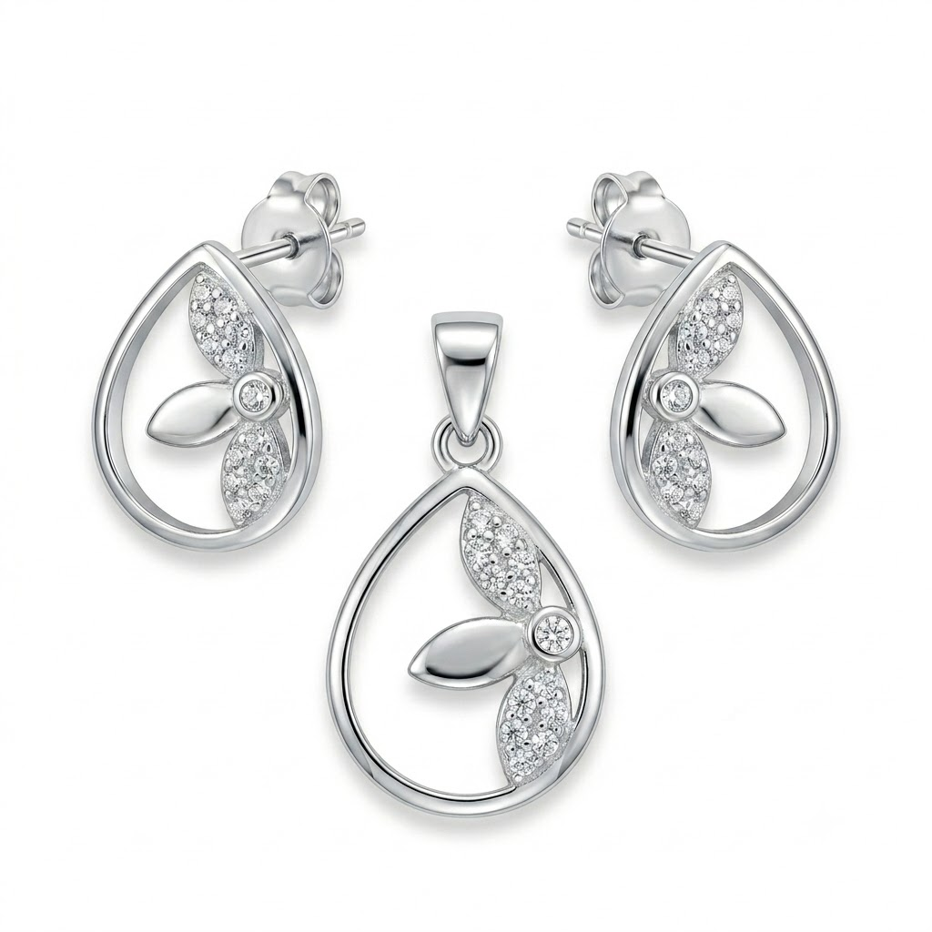Silvme pure 925 sterling silver teardrop pendant and drop earrings set with cubic zirconia, front view on white background
