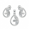 Silvme pure 925 sterling silver teardrop pendant and drop earrings set with cubic zirconia, front view on white background