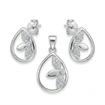 Silvme pure 925 sterling silver teardrop pendant and drop earrings set with cubic zirconia, front view on white background