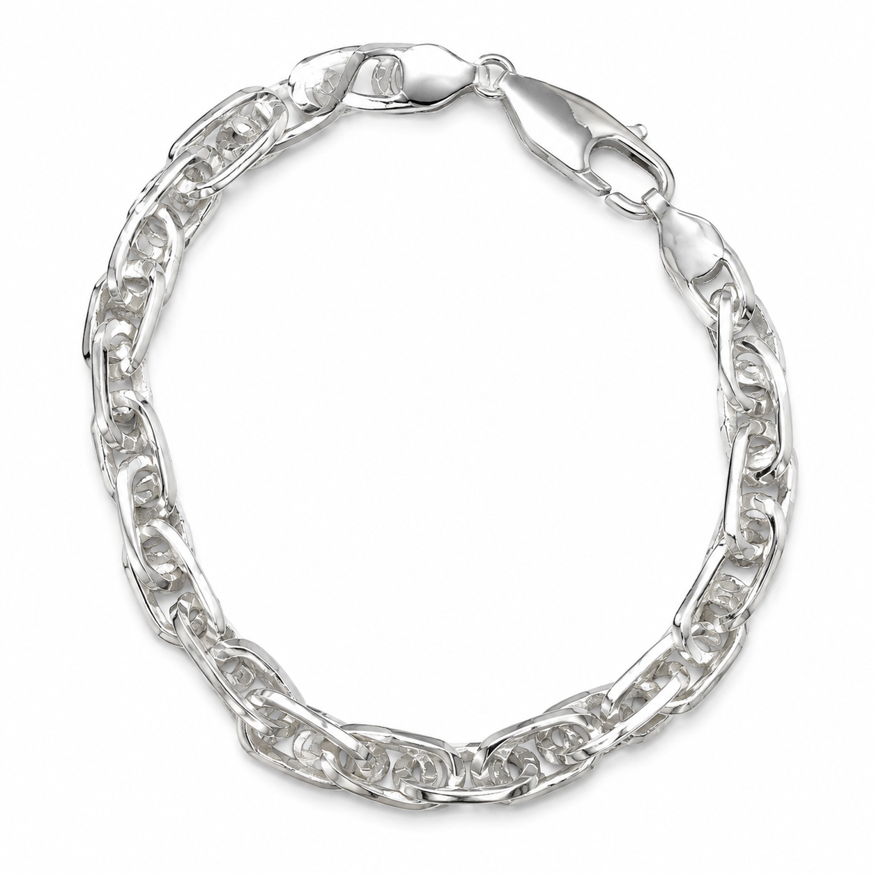 Silvme 925 sterling silver chunky twisted link bracelet for men shaped into an oval on a white background