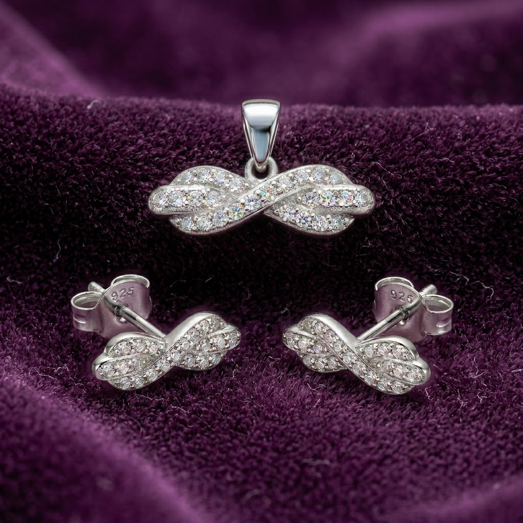 Silvme 925 silver twisted infinity pendant and stud earrings with cubic zirconia, close-up detail