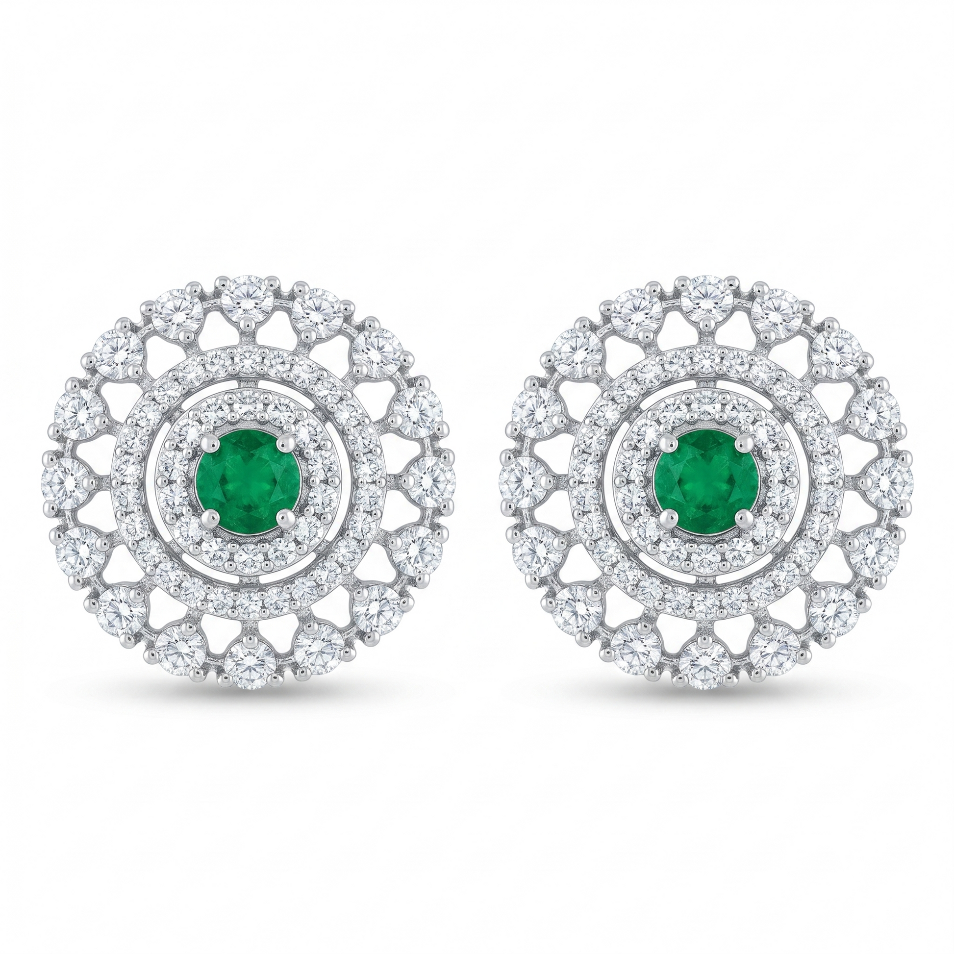 Green Round Lattice-Halo Stud Earrings, front product view