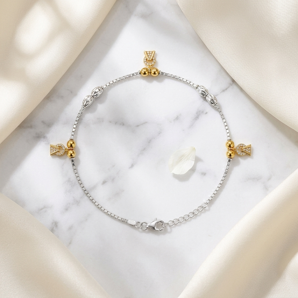 Silvme 925 sterling silver gold CZ charm anklet with a gold fan CZ charm and gold beads, white background full view