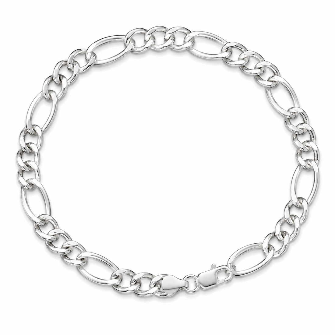 Silvme 925 sterling silver figaro chain bracelet for men shaped into an oval on a white background