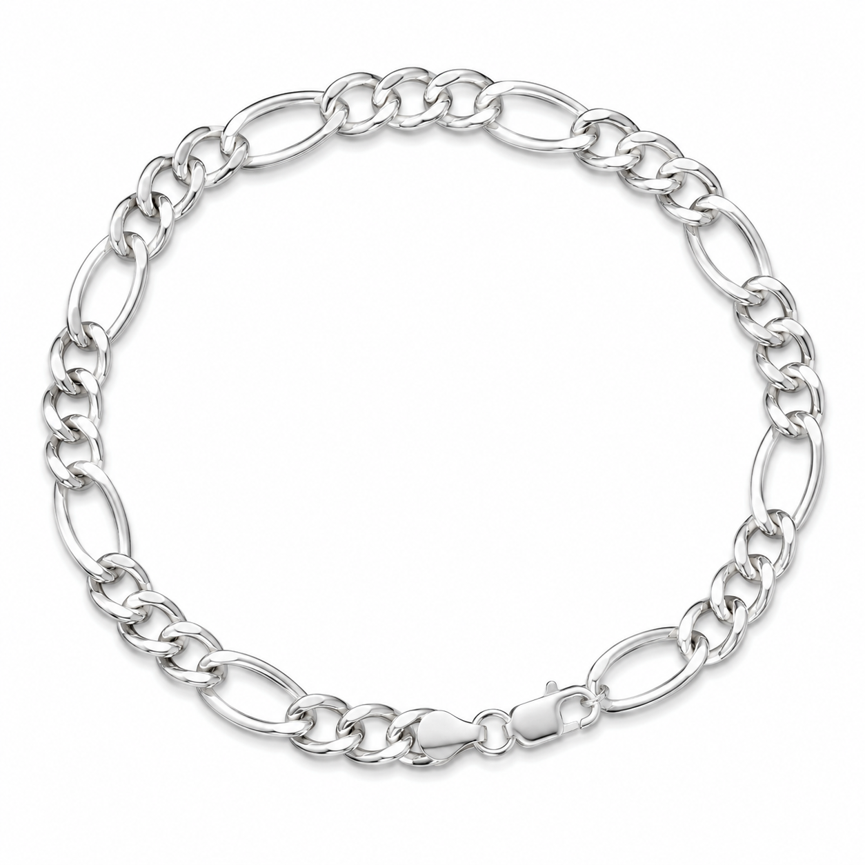 Silvme 925 sterling silver figaro chain bracelet for men shaped into an oval on a white background