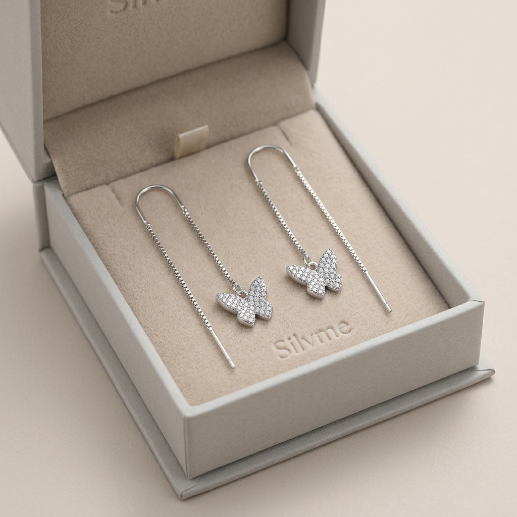 Stone-Set Butterfly Charm Threader Earrings, close-up detail