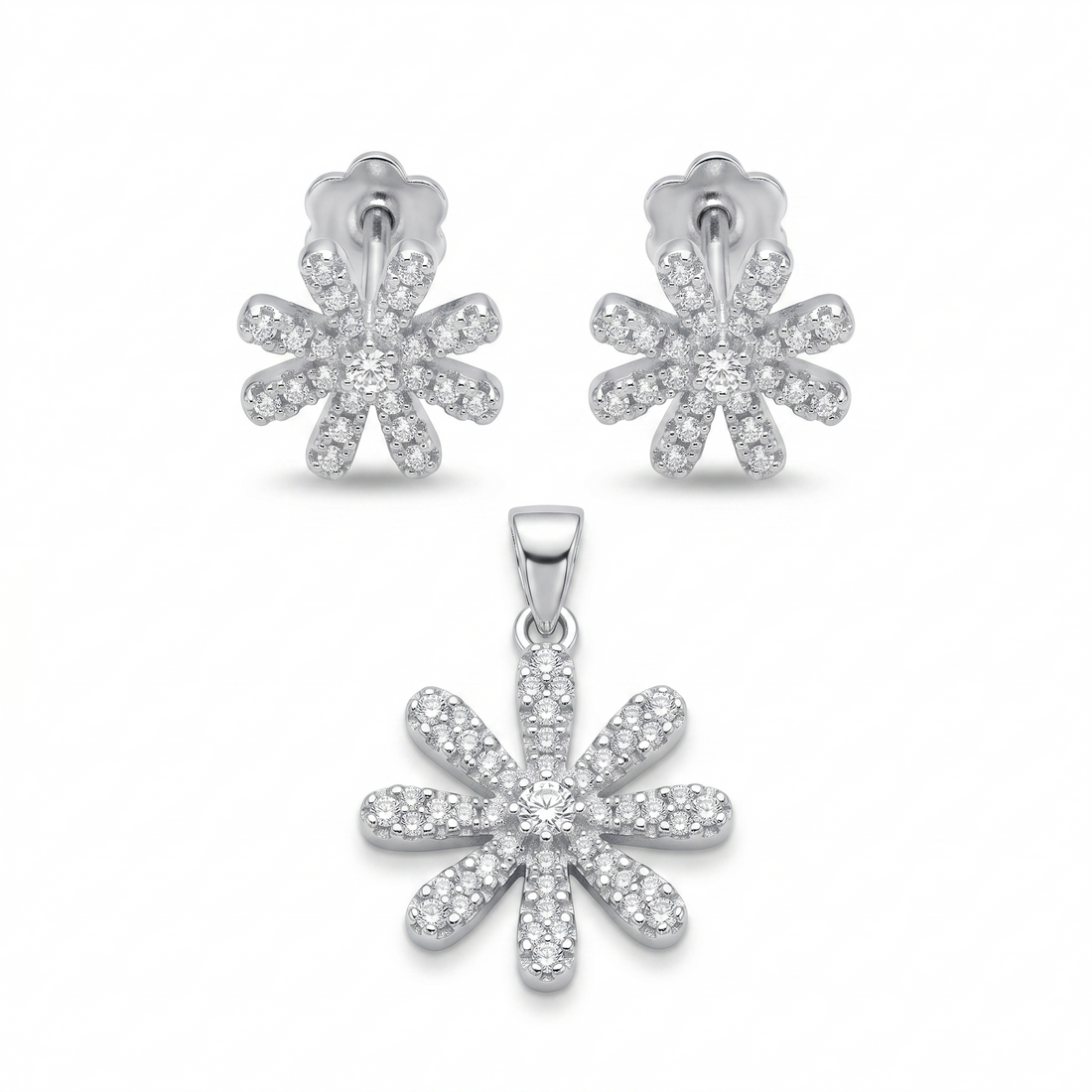 Silvme pure 925 sterling silver floral flower pendant and stud earrings set with cubic zirconia, front view on white background