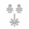 Silvme pure 925 sterling silver floral flower pendant and stud earrings set with cubic zirconia, front view on white background