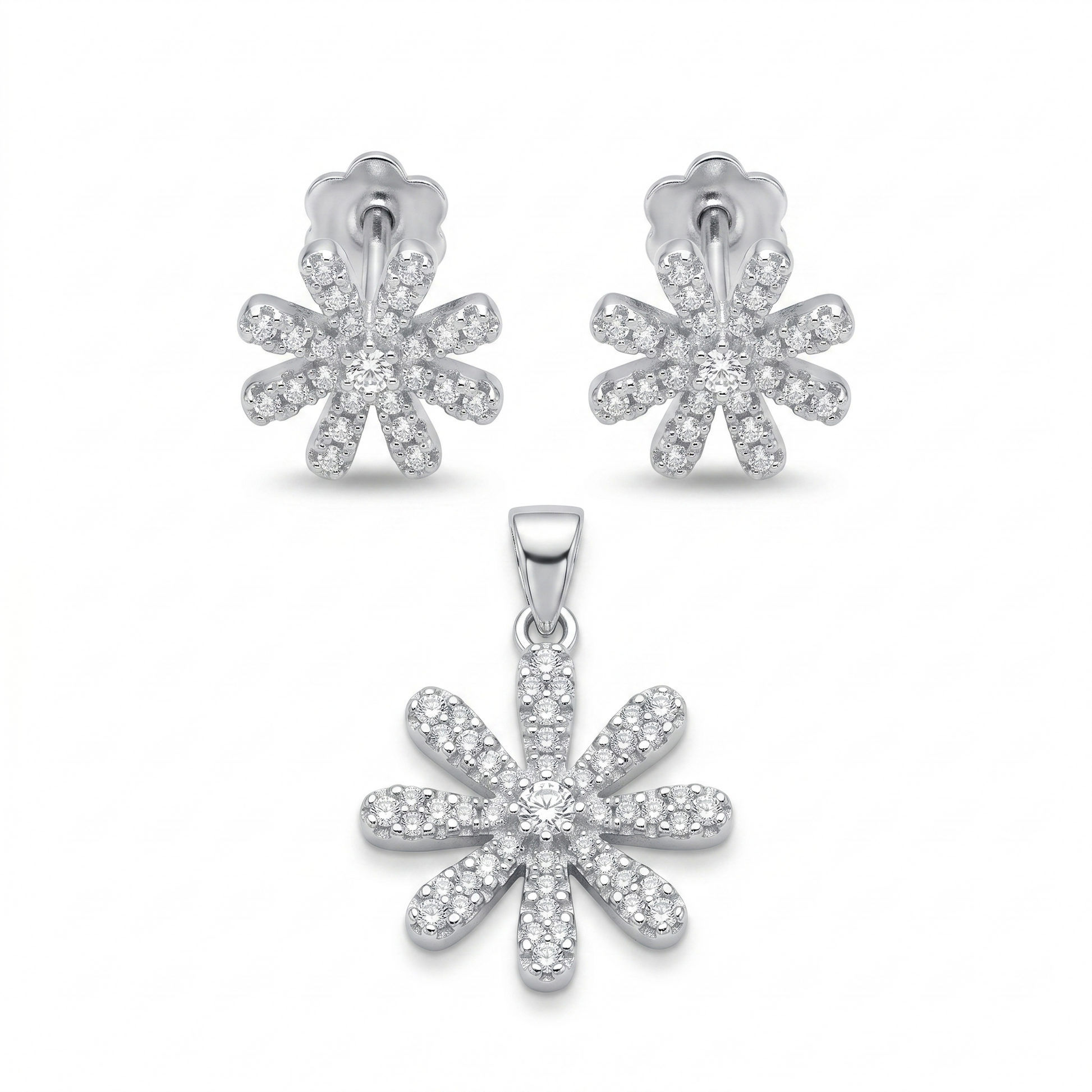 Silvme pure 925 sterling silver floral flower pendant and stud earrings set with cubic zirconia, front view on white background