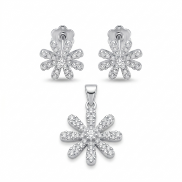 Silvme pure 925 sterling silver floral flower pendant and stud earrings set with cubic zirconia, front view on white background