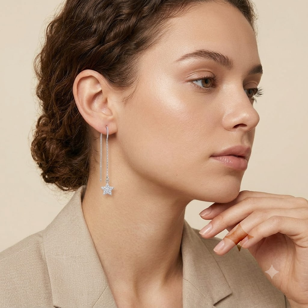 Stone-Set Pave Star Charm Threader Earrings, additional product view 9