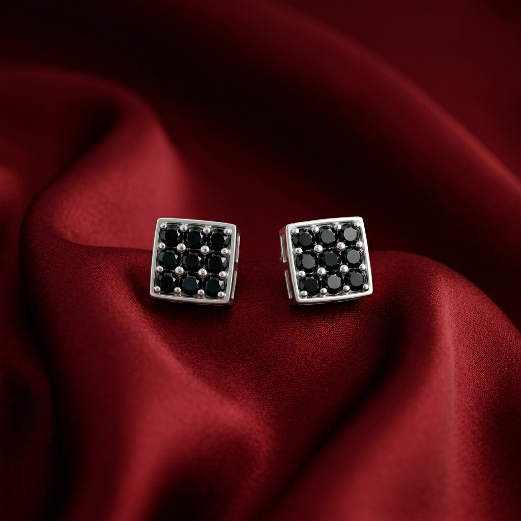Black Square Cluster Stud Earrings, close-up detail