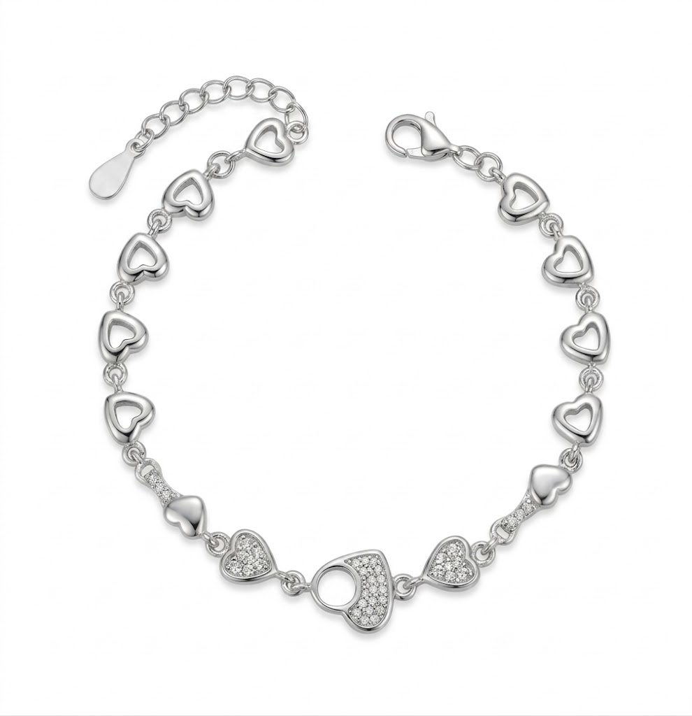 925 sterling silver Heart Charm Bracelet by Silvme, an elegant accessory for her, a gift-worthy silver piece