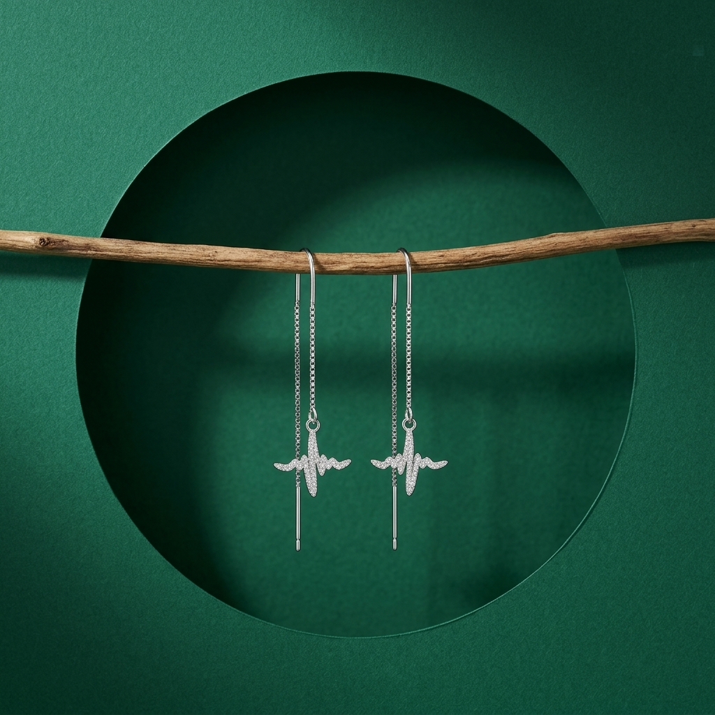 Heartbeat Pulse Wave Stone-Set Threader Earrings, close-up detail