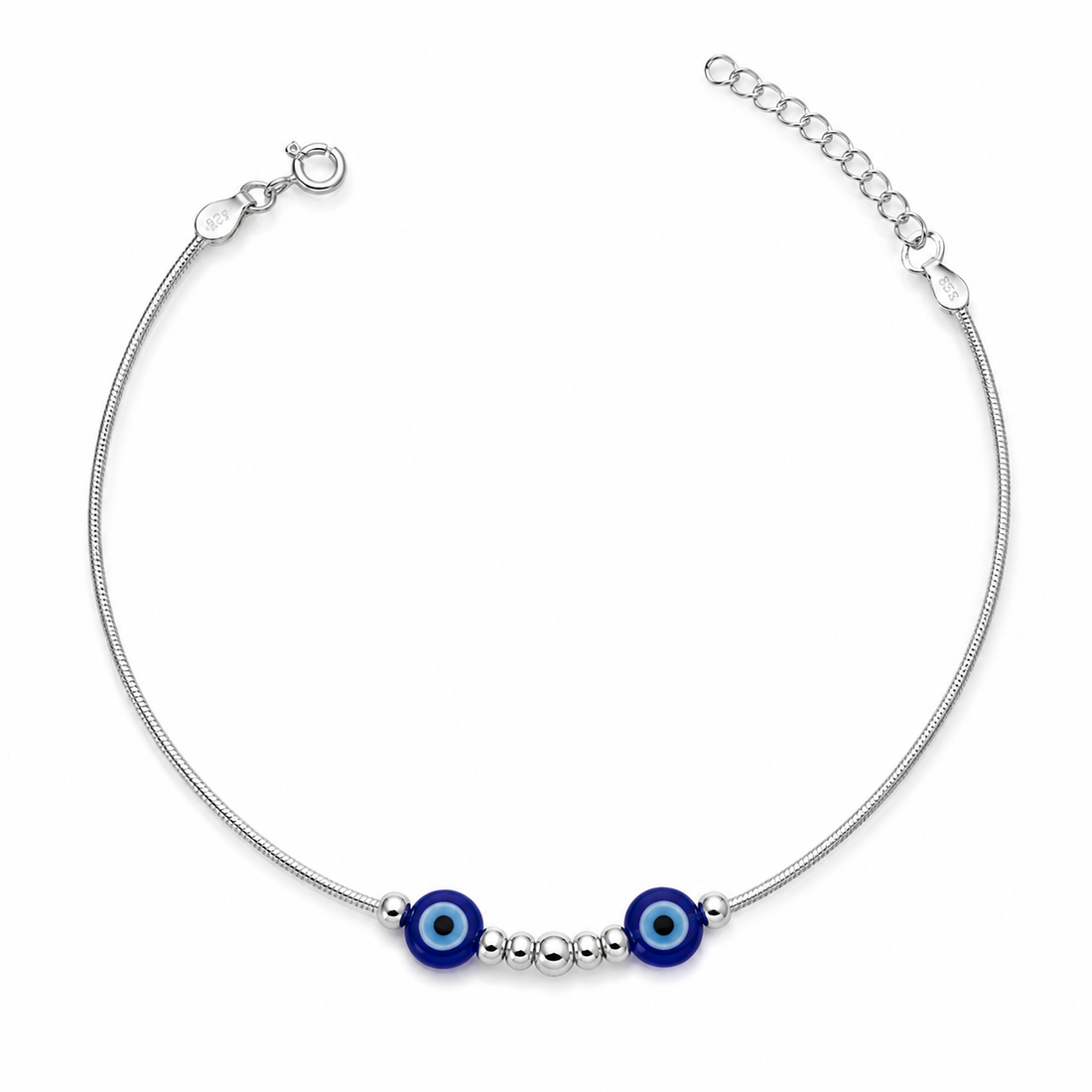 Silvme 925 sterling silver twin blue evil eye anklet with twin blue evil-eye beads with silver beads, white background full view