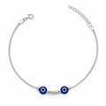 Silvme 925 sterling silver twin blue evil eye anklet with twin blue evil-eye beads with silver beads, white background full view