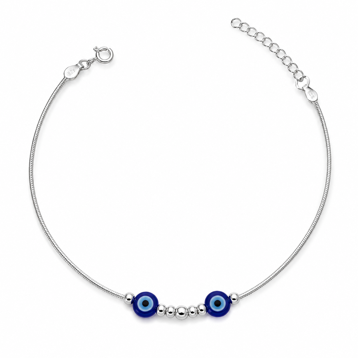 Silvme 925 sterling silver twin blue evil eye anklet with twin blue evil-eye beads with silver beads, white background full view