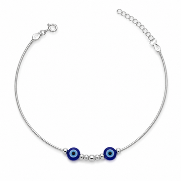 Silvme 925 sterling silver twin blue evil eye anklet with twin blue evil-eye beads with silver beads, white background full view