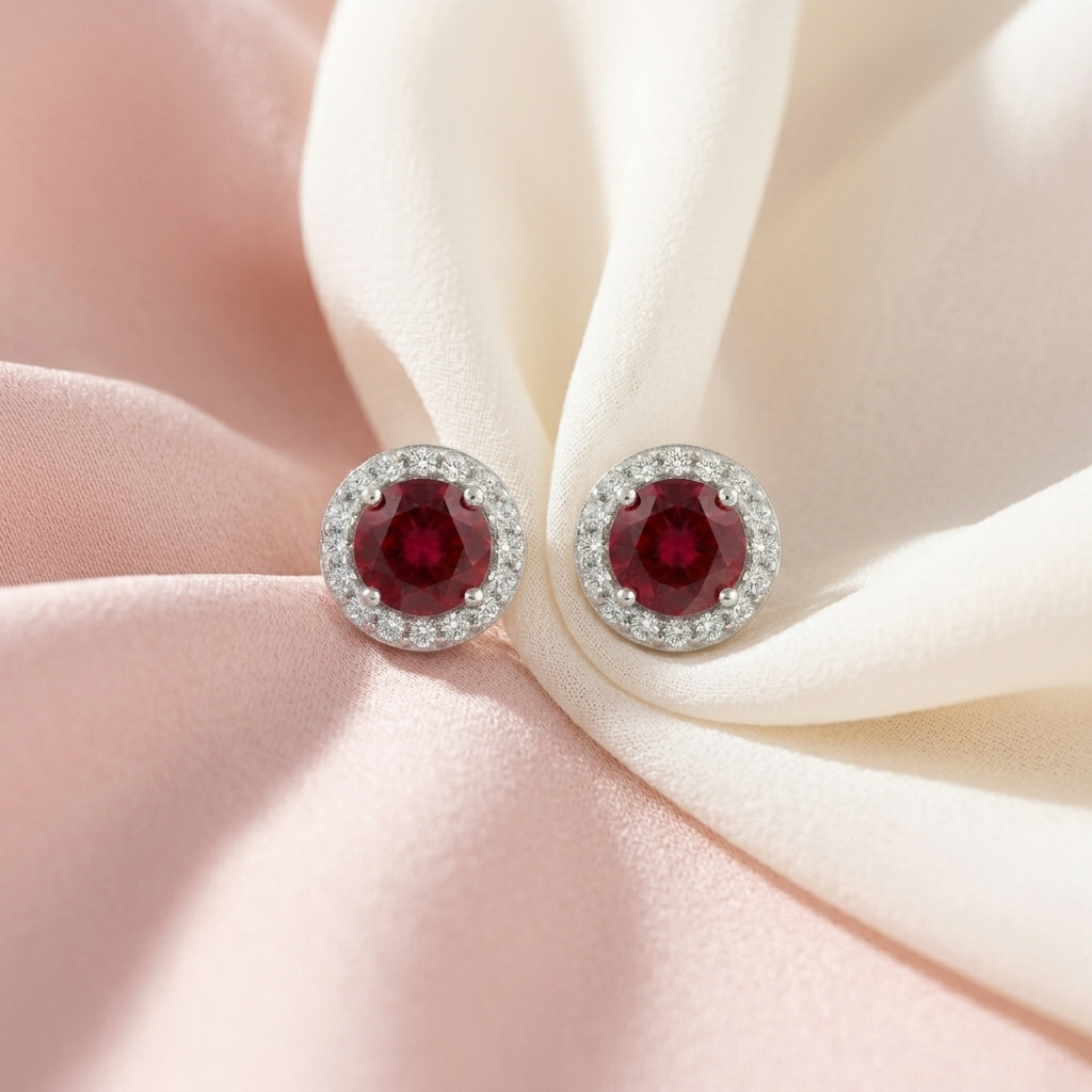 Red Round Halo Stud Earrings, additional product view 7