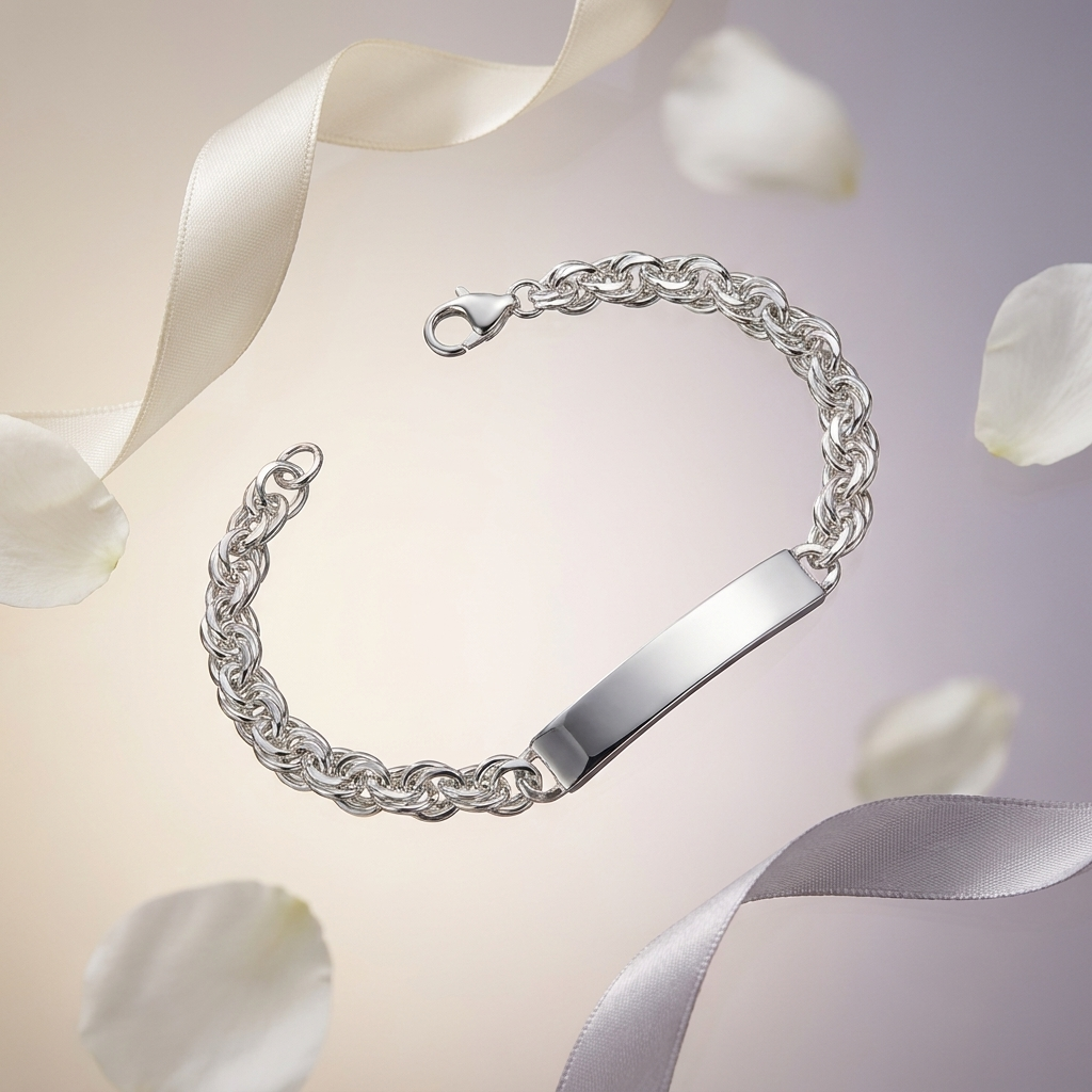 Full length of the rope chain id bracelet showing its polished silver-tone finish