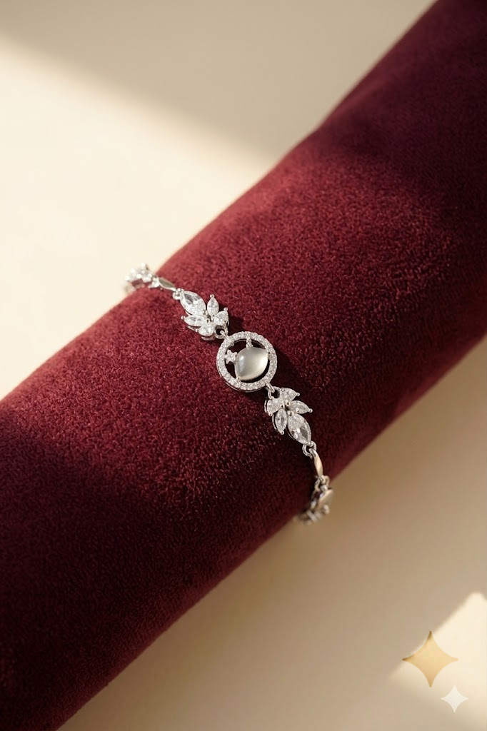 Detailed floral cubic styling on the Silvme Floral Cubic Zirconia Bracelet in polished 925 sterling silver