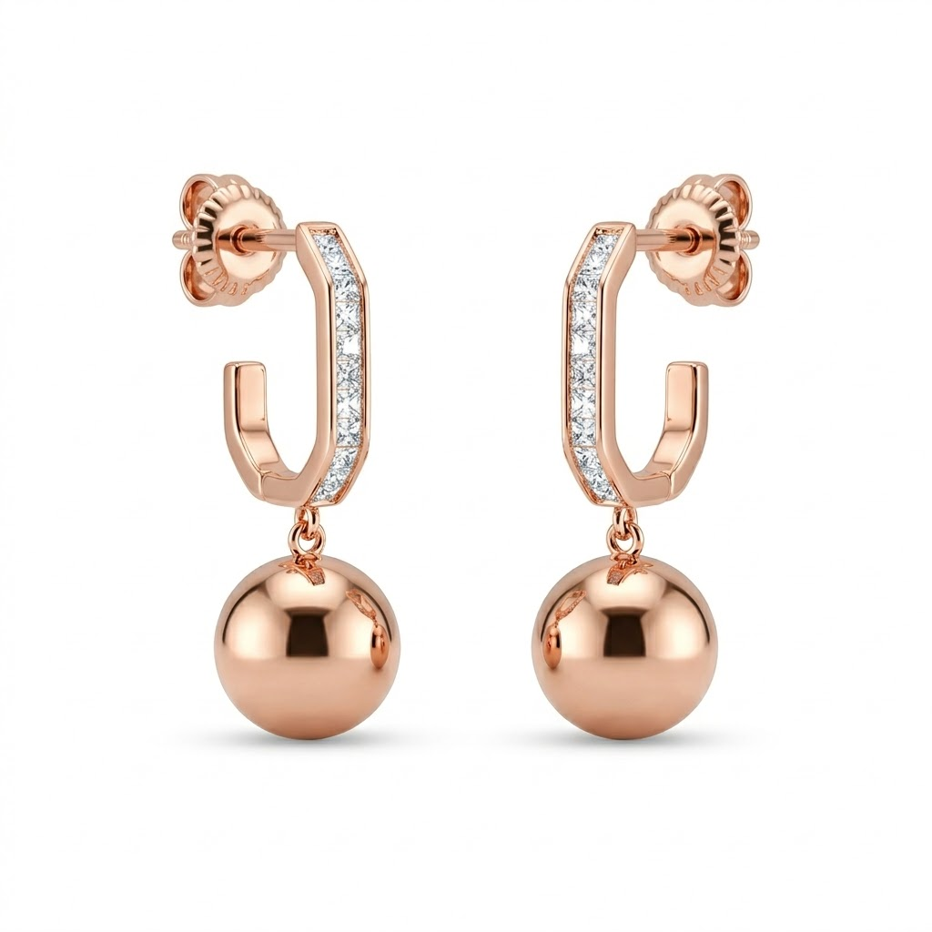 Rose Gold Channel Huggie Ball Drop Earrings, close-up detail