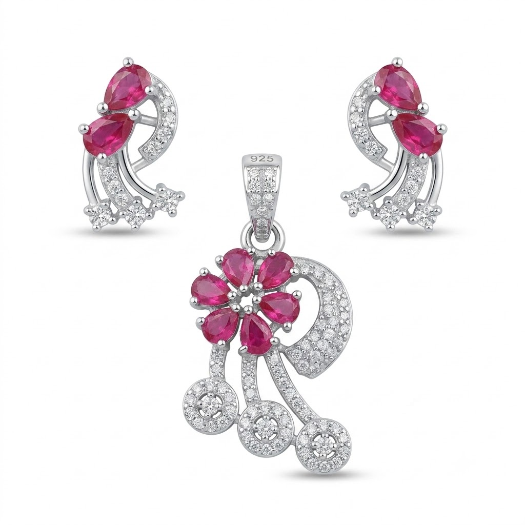 Silvme pure 925 sterling silver red floral pendant and drop earrings set with red cubic zirconia, front view on white background