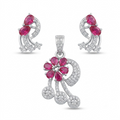 Silvme pure 925 sterling silver red floral pendant and drop earrings set with red cubic zirconia, front view on white background