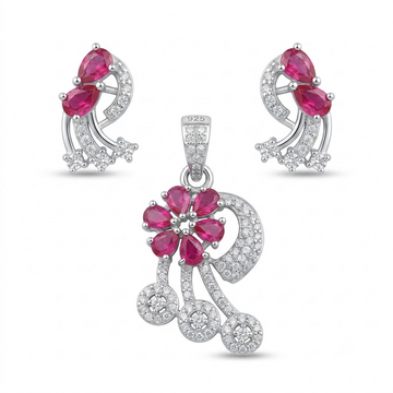 Silvme pure 925 sterling silver red floral pendant and drop earrings set with red cubic zirconia, front view on white background