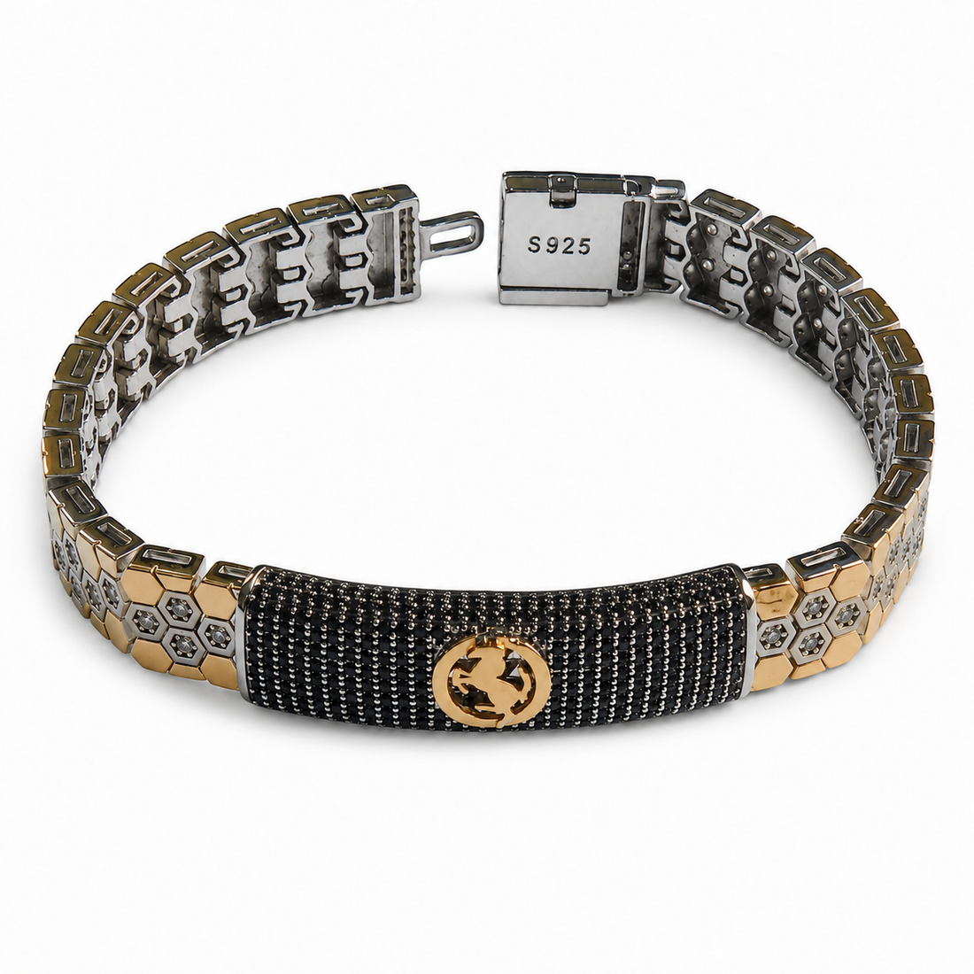Silvme 925 sterling silver black pave panel statement bracelet for men curved on a white background