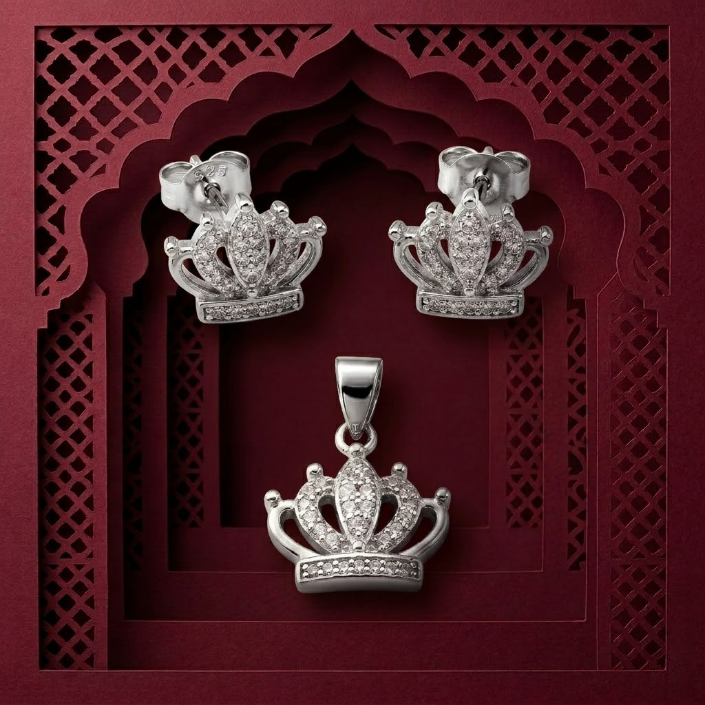 Silvme pure 925 sterling silver crown pendant and stud earrings set with cubic zirconia, side profile view