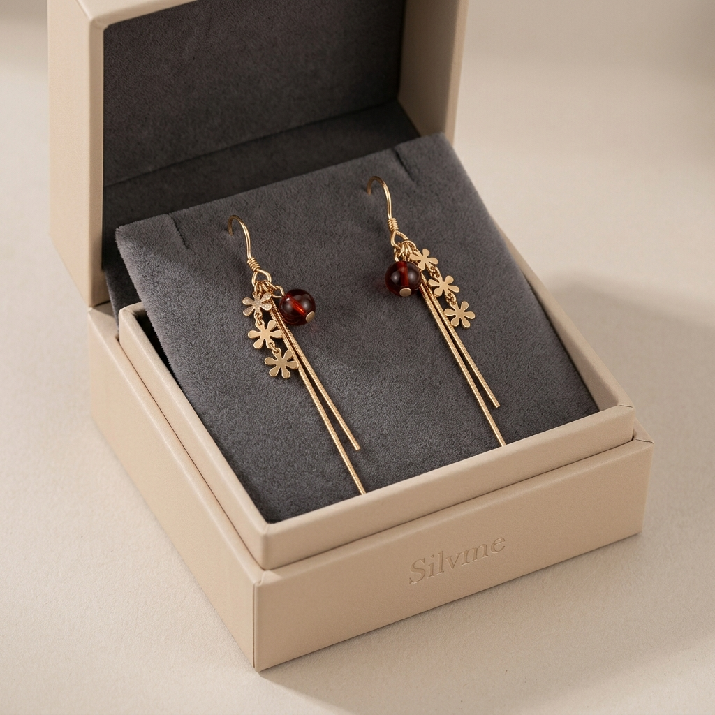 Daisy Cluster Amber-Tone Drop Earrings, close-up detail