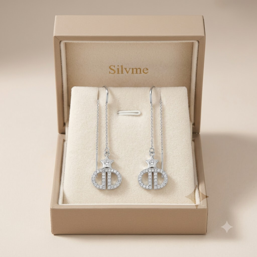 Geometric Monogram Threader Earrings, close-up detail