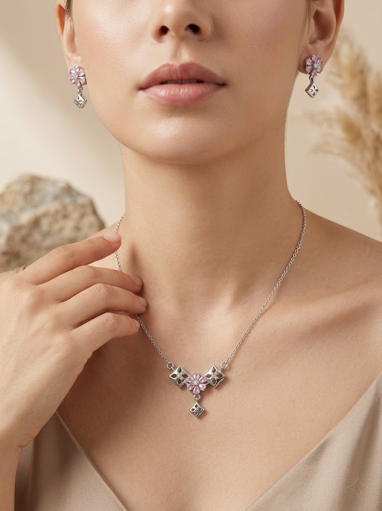 Silvme pure 925 sterling silver geometric pink pendant necklace and stud earrings set with pink cubic zirconia, matching earrings close-up