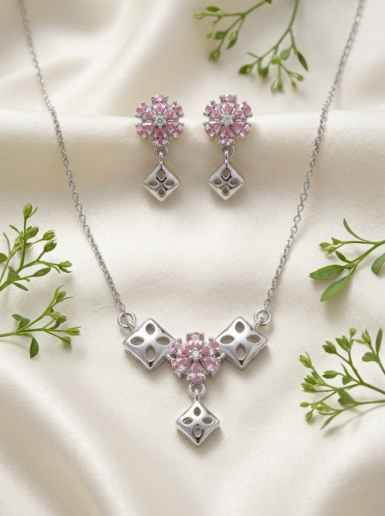 Silvme pure 925 sterling silver geometric pink pendant necklace and stud earrings set with pink cubic zirconia, chain and pendant view