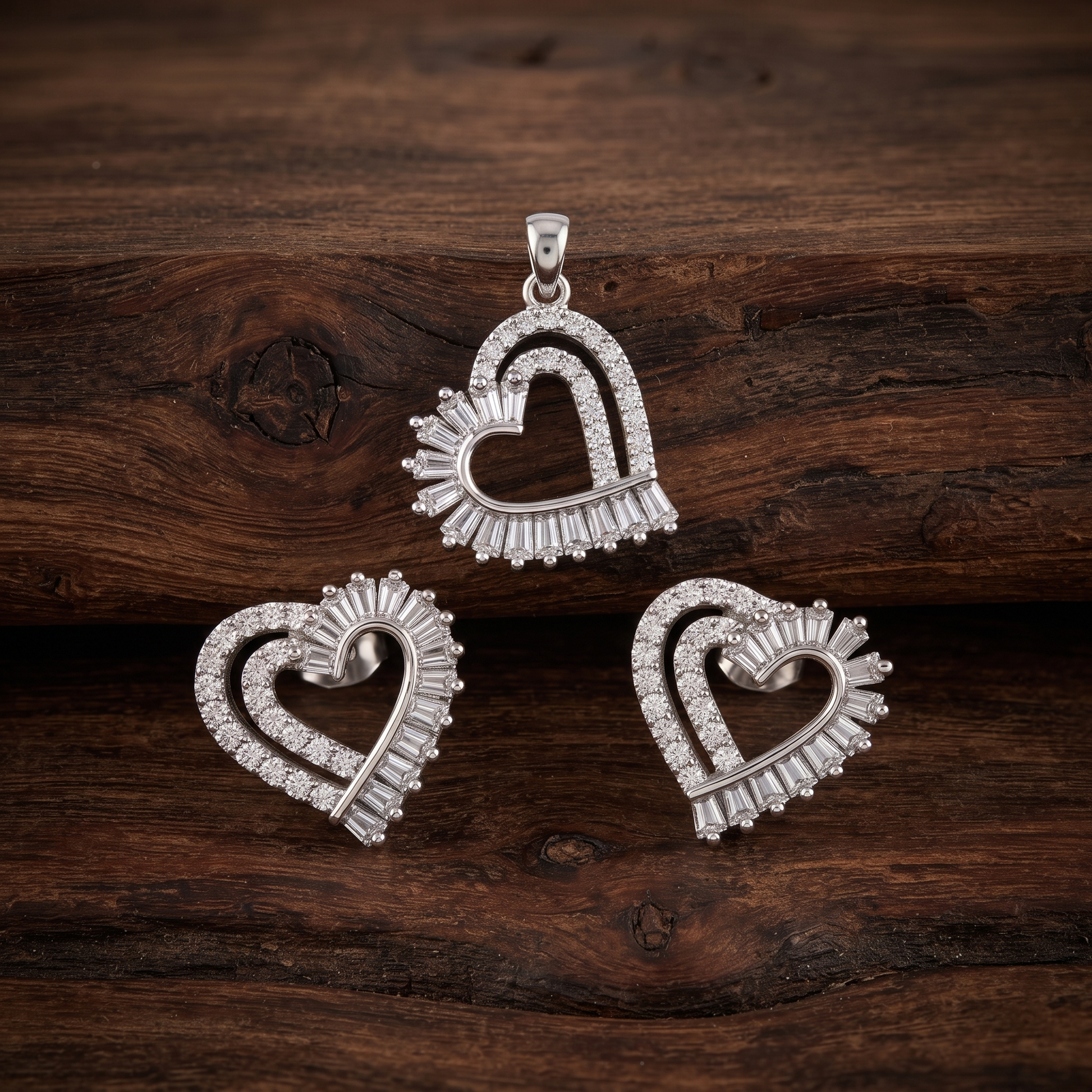 Silvme pure 925 sterling silver baguette heart pendant and stud earrings set with cubic zirconia, styled flatlay view