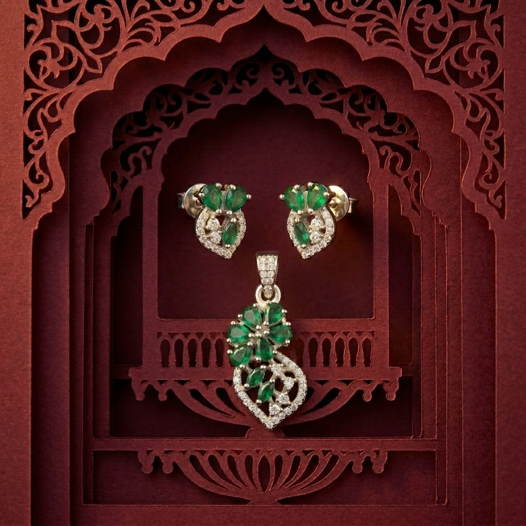 Silvme pure 925 sterling silver green floral pendant and stud earrings set with green cubic zirconia, side profile view