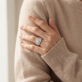 Silvme four row CZ pave band silver ring for women worn layered with slim silver stacking rings on the hand