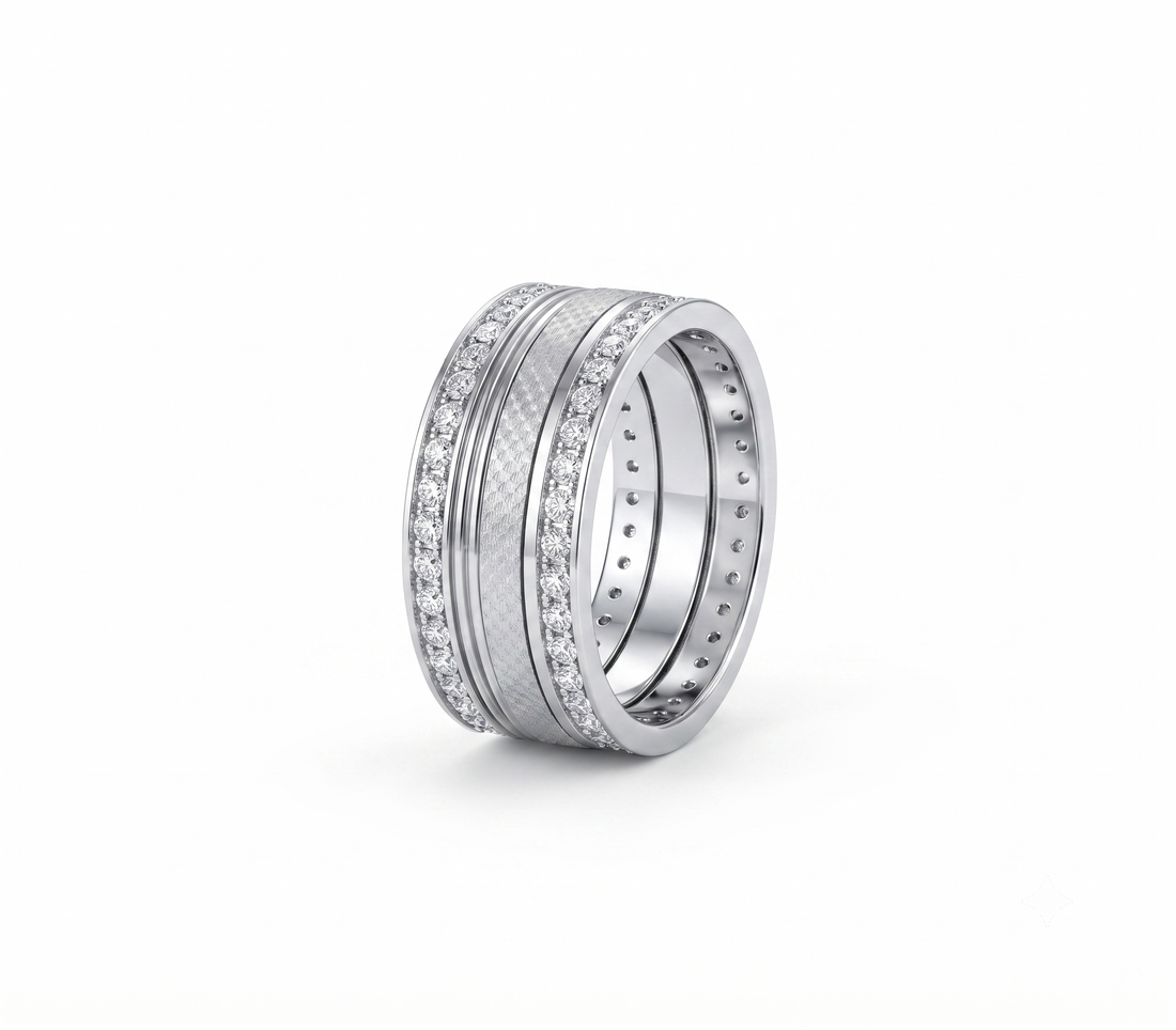 Textured double row stone band 925 sterling silver ring for women - two rows of clear stones framing a textured centre