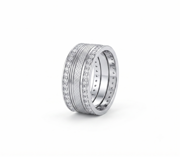Textured double row stone band 925 sterling silver ring for women - two rows of clear stones framing a textured centre