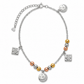 Silvme 925 sterling silver tri-tone geometric & star anklet with tri-tone beads with geometric and star charms, white background full view
