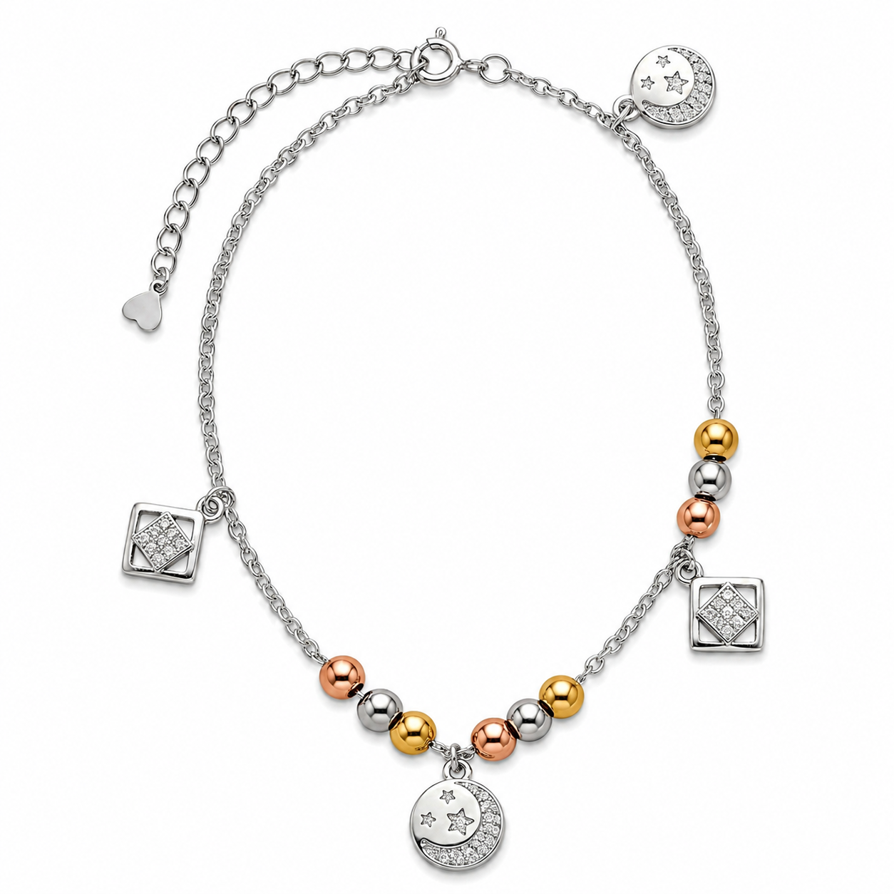 Silvme 925 sterling silver tri-tone geometric & star anklet with tri-tone beads with geometric and star charms, white background full view