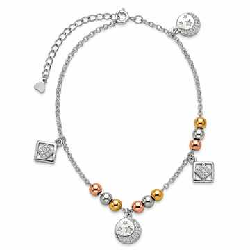 Silvme 925 sterling silver tri-tone geometric & star anklet with tri-tone beads with geometric and star charms, white background full view