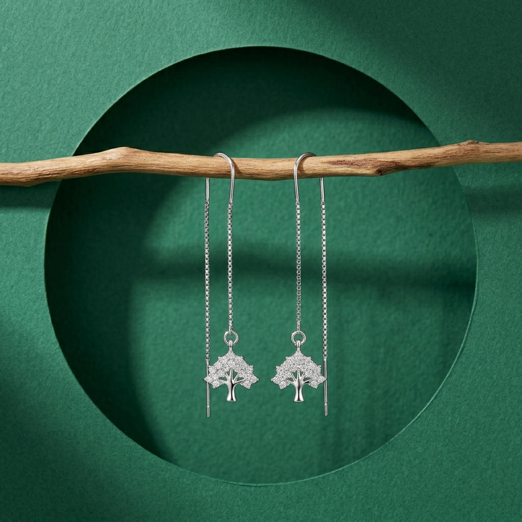 Stone-Set Tree of Life Threader Earrings, additional product view 5