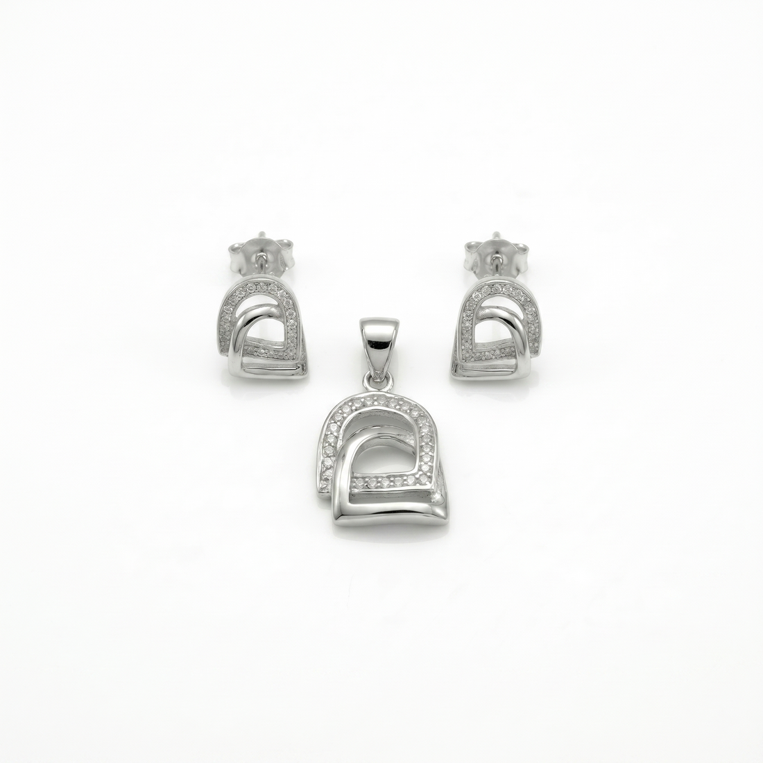 Silvme pure 925 sterling silver minimalist arch pendant and stud earrings set, front view on white background